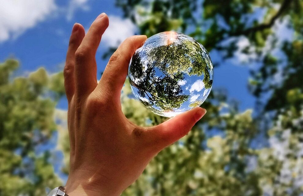 Hand hält eine Glaskugel mit Spiegelung von Bäumen als Symbol für die gebündelte Verantwortung von Mehrfachbeauftragten.