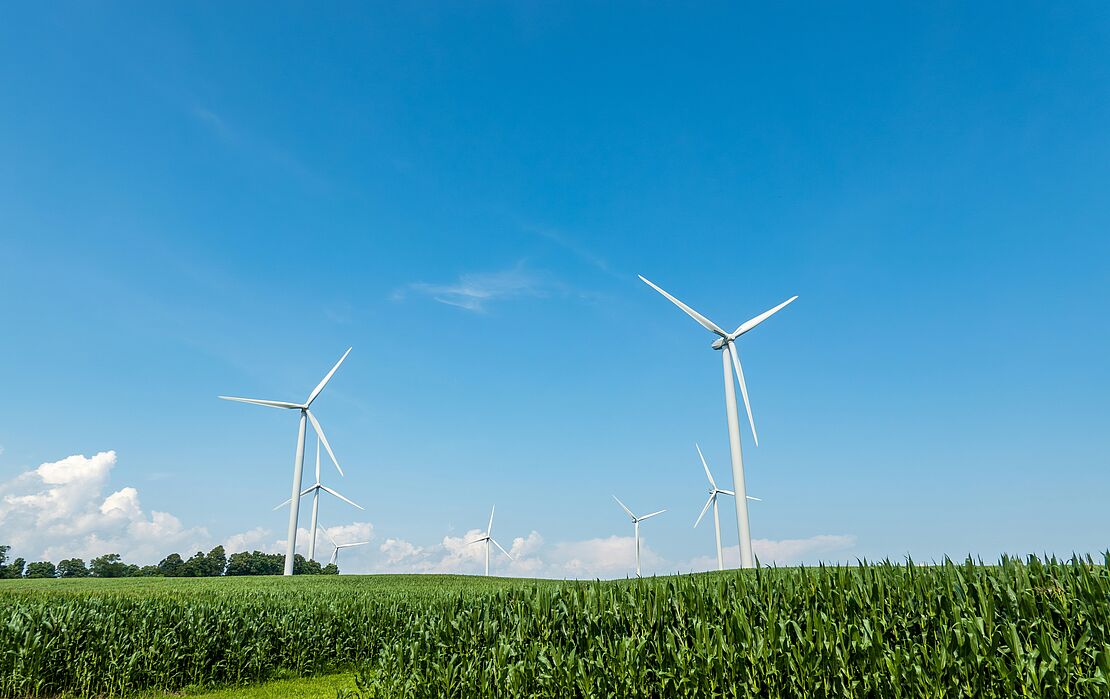 Windkraftanlage auf einem grünen Feld unter blauem Himmel als Symbol für erneuerbare Energien und Umweltmanagement nach ISO 14001 oder EMAS