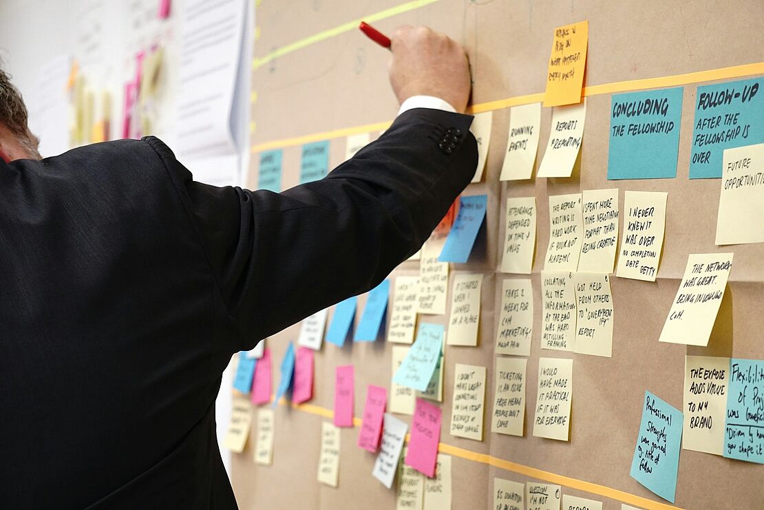 Person schreibt an einer Wand mit vielen farbigen Haftnotizen zur Planung von Aufgaben in einer Fortbildung