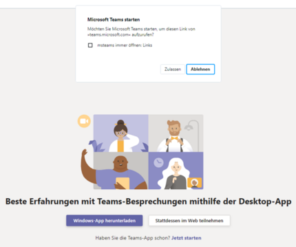 Einwählen über Microsoft Teams-App bzw. Browser