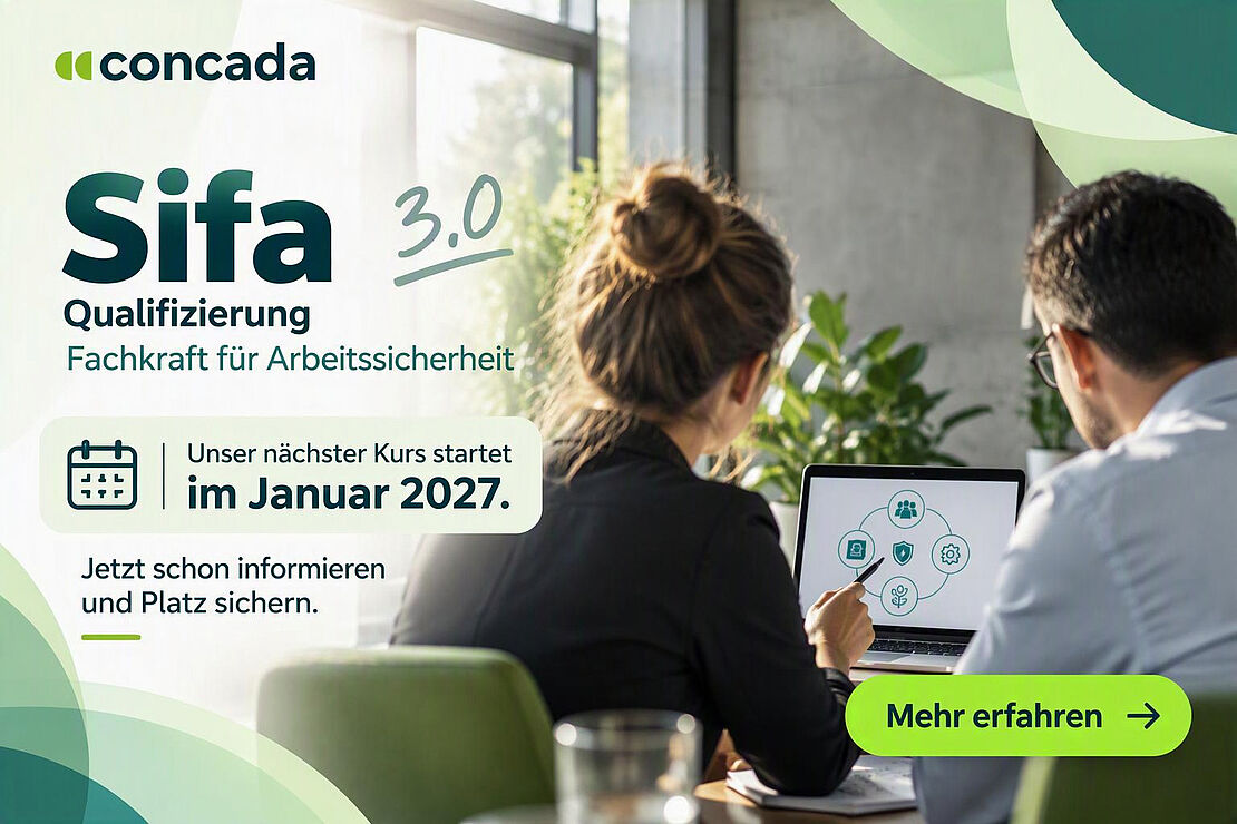 Zwei Personen von hinten bei einer Beratung zur Arbeitssicherheit am Laptop. Daneben Informationen zur Sifa-Qualifizierung 3.0 mit Kursstart im Januar 2027.